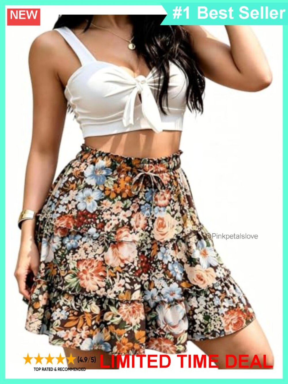 Boho Floral Mini Skirt High Waist Drawstring A-Line Ruffle Polyester
